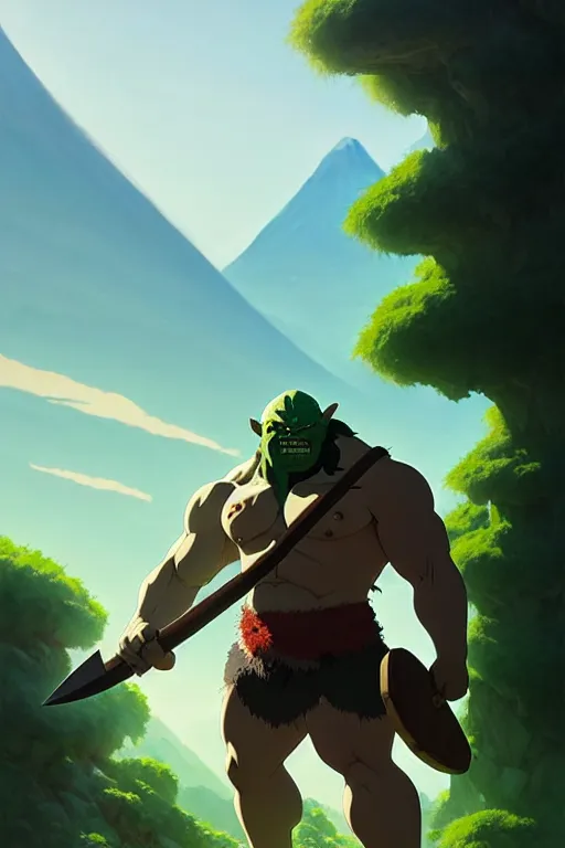 Image similar to orc barbarian male, green skin, exquisite details, big axe, earth magic, mid view, design on a white background, by studio muti, greg rutkowski makoto shinkai takashi takeuchi studio ghibli