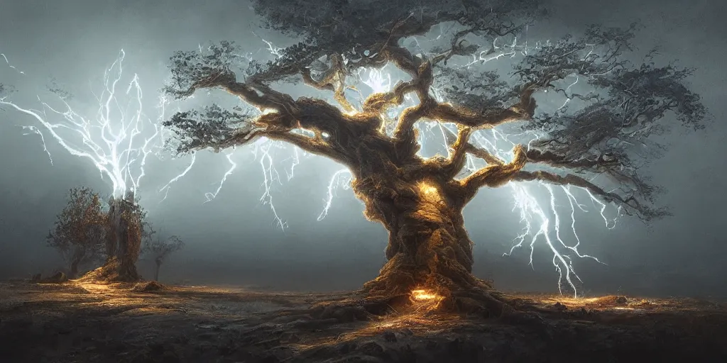 Image similar to the lightning tree, overexposure, electricity, night, unreal engine, digital art, 8 k, oil painting, fantasy art, illustration, detailed and intricate environment