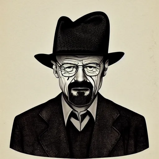 Image similar to Walter White with short pork pie black hat, accurate anatomy, highly detailed, digital art, centered, portrait, serious,