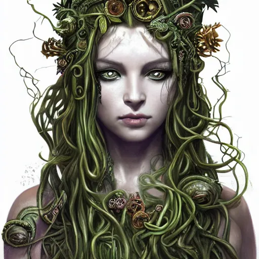 Prompt: beautiful a muse of beauty, medusa Vraska golgari queen, long flowing medusa hair, mostly green and leather pirate armor, young female face, vine like plants and jungle background, cinematic top lighting, insanely detailed and intricate, face by wlop, Charlie Bowater, golden ratio, symmetric, elegant, ornate, luxury, elite, matte painting, MTG, magic the gatheing, cinematic, cgsociety, 8k, high resolution,