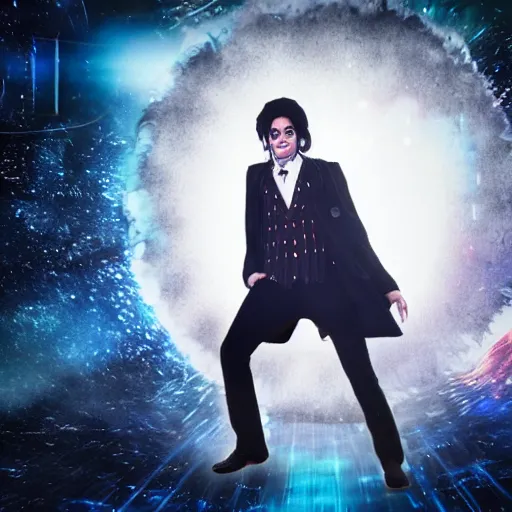 Image similar to a full body photograph of michael jackson as'doctor who ', time vortex in the background, detailed face, symmetrical face, extreme realism and detail, 8 k, completely framed, direct lighting, 3 5 mm photo, photorealistic, sharp focus