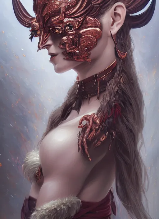 Prompt: a beautiful detailed oil on copper art illustration of a japanese okame mask devil woman, centered, by charlie bowater, zeng fanzh, trending on artstation, dim dusk lighting, cinematic lighting, detailed lighting, volumetric lighting, realistic, f 8, 4 k hd wallpaper