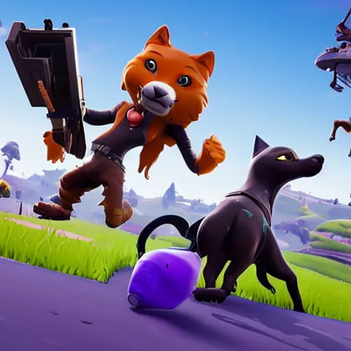 Prompt: a anthropomorphic cat playing Fortnite with a anthropomorphic dog