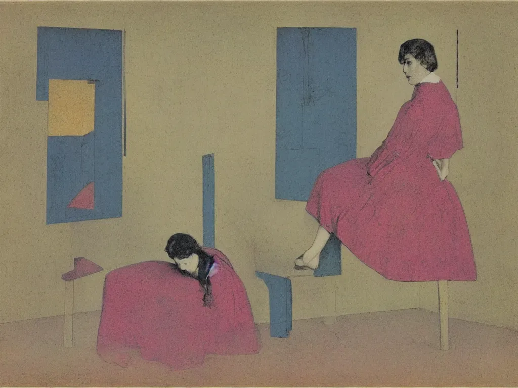 Prompt: a lonely girl in an empty room, colored daguerreotype, by Mackintosh, by max Ernst, art noveau, bright pastel colors,