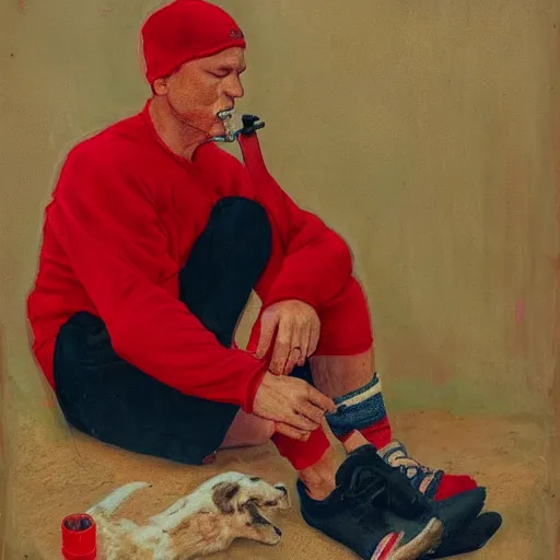 Image similar to a man in cheap and red used sportswear. he is smoking a cigarette. he is sitting on a dead dog. he is on the side of the road. he is wearing slippers. it is a rural scene, in poor village, dramatic lighting, hyper detailed, surreal, hyperrealism, oil painting