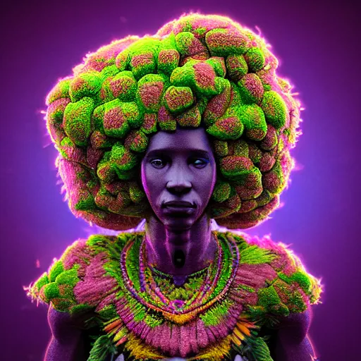 Image similar to an african marijuanna! shaman with an afro made of flowers, third eye art art by machina infinitum, complexity from simplicity, rendered in octane, mandelbulb 3 d, ambient occlusion, radiant lighting, macro photography, felt!!! texture, tribal, pastel! retrowave