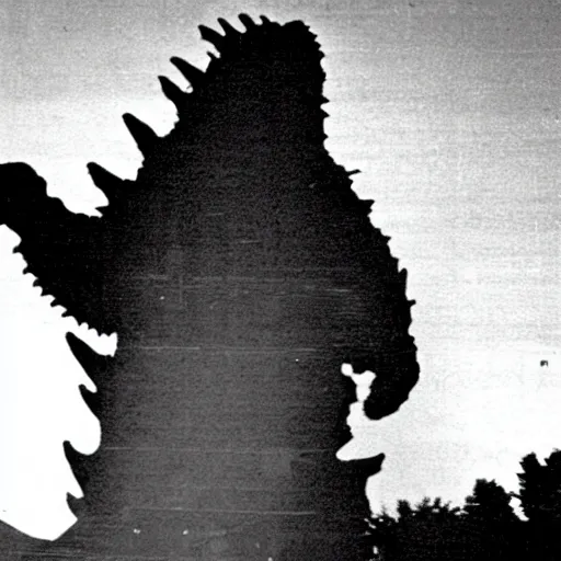 Image similar to rare vintage footage of Godzilla, overshadowing Kim Jong-il, obscured underexposed view