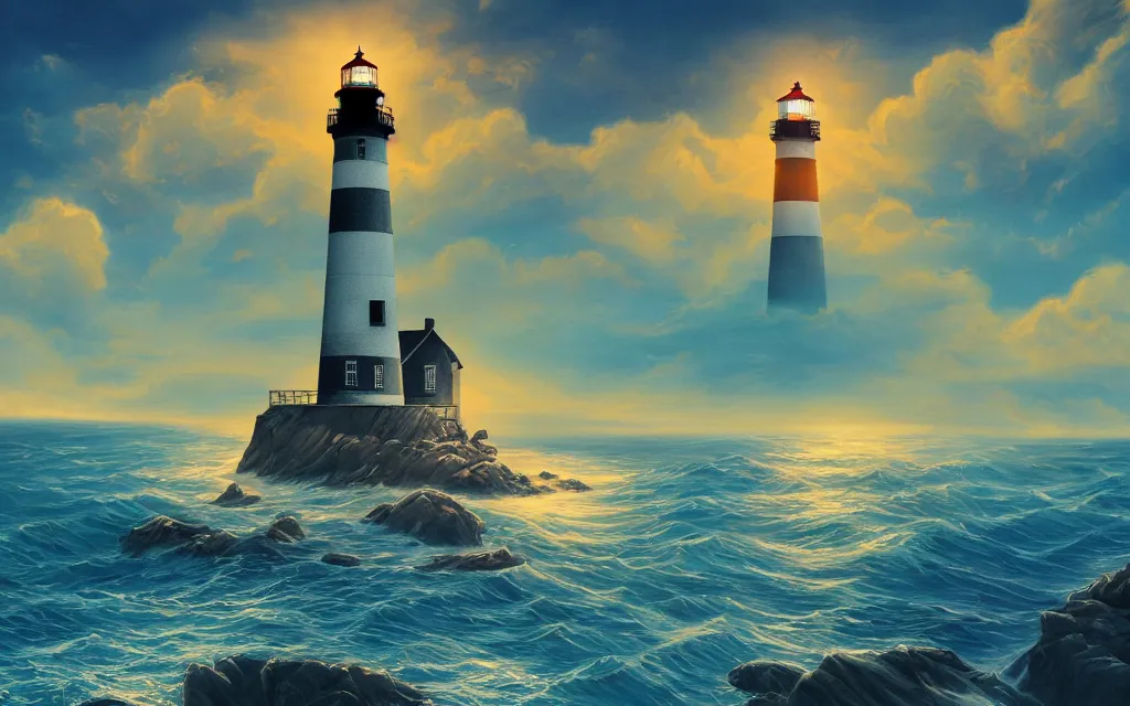 Prompt: A lighthouse on the sea. Beautiful Ink Artwork. 5-color design. Polished Final Image. Calligraphy-style Flourishes. Vivid Detail. 8K Resolution. 4K HD Wallpaper. Premium Prints Available