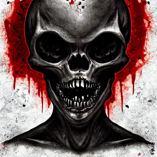 Prompt: alien skull with blood coming out of its eyes on a black background, horror art, oil painting
