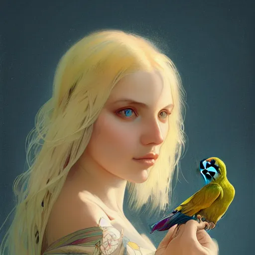 Image similar to portrait of a young blonde alternative girl with a parrot, upper body, long hair, intricate, elegant, highly detailed, digital painting, artstation, concept art, matte, sharp focus, illustration, art by artgerm and greg rutkowski and alphonse mucha