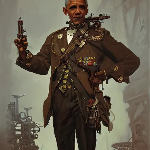 Prompt: Obama as a steampunk colonel, army, intricate, highly detailed, digital painting, artstation, concept art, sharp focus, illustration, art by greg rutkowski and alphonse mucha