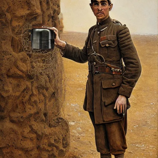 Prompt: a detailed photorealistic sepia - toned color portrait painting of a 1 9 1 7 worried clean - shaven british lieutenant in field gear in north arabia examining an ancient clay cylinder ultra realistic, intricate details, atmospheric, dark, horror, brooding, highly detailed, by clyde caldwell