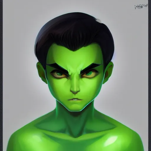 Prompt: a symmetrical face shot character design by artgerm, wlop, ross tran. young danny phantom!! glowing green eyes!! sharp teeth grin!! face sharp edges. ultra clear detailed. 8 k. ultra detailed, elegant, intricate, octane render.