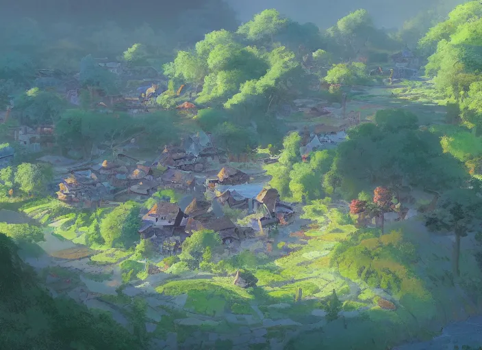 Image similar to concept art painting of a distant small woodland village by a river in a mountain valley seen from above, early morning, european japanese buildings, cel shaded, realistic, by makoto shinkai and moebius and anton fadeev and greg rutkowski and james gurney