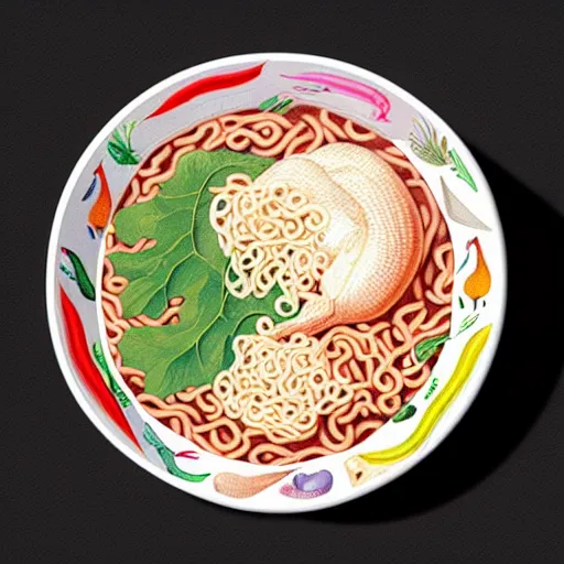 Image similar to anatomical diagram of instant noodle cup, by maria sibylla merian, styrofoam instant ramen cup, maruchan