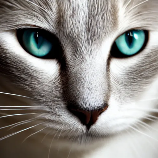 Prompt: cat closeup of nose, white ragdoll with full grey colouring and a thin white blaze down across the nose