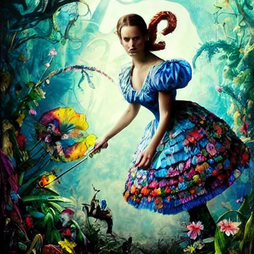 Prompt: alicia vikander in alice in wonderland tripping on lsd, intricate detail, painting, royo, frazetta, whealan,