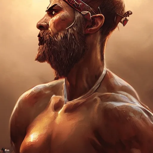 Image similar to proud muscular turkish warrior, portrait by Cedric Peyravernay, highly detailed, excellent composition, cinematic concept art, dramatic lighting, trending on ArtStation