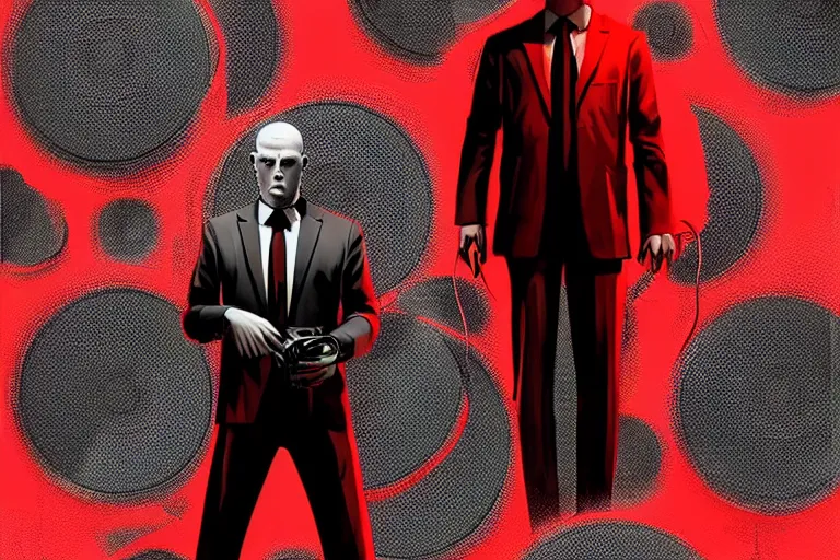 Image similar to an expressive portrait of agent 4 7 from hitman wearing headphones standing in front of a wall of vinyl records, speakers and cables, dark background, red rim light, digital art, artstation, concept art by giger stalenhag