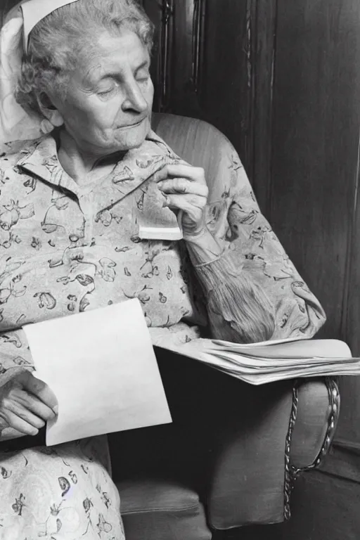 Prompt: an old lady sitting in a comfortable chair reading a letter, 1 9 5 0 s