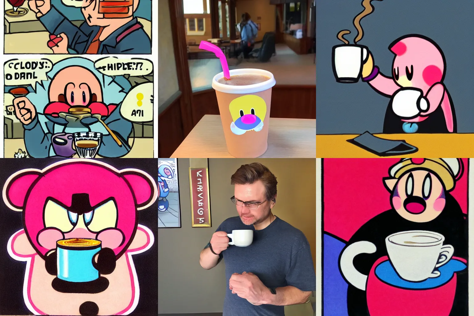 Prompt: Kirby drinking coffee