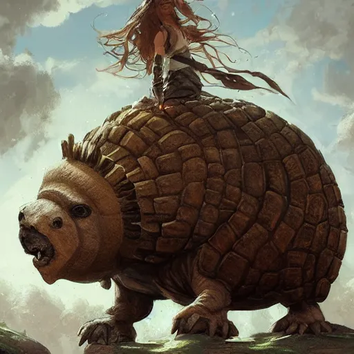 Image similar to yanonami riding a glyptodon, greg rutkowski, fantasy, intricate, elegant, highly detailed, digital painting, artstation, full body, concept art, long shot, cinematic lighting