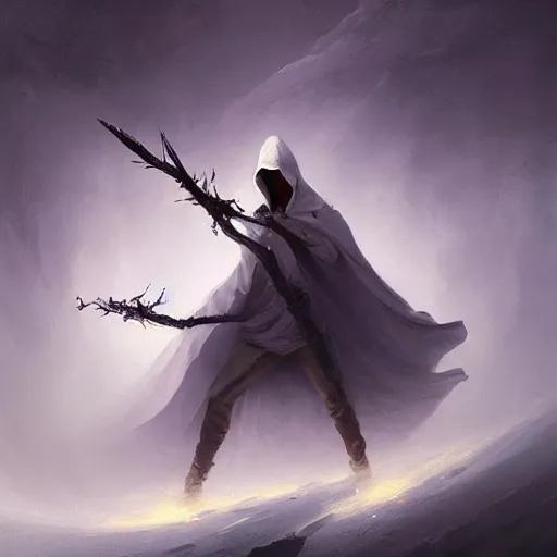 Image similar to ''cinematic shot'' white hooded mage ( specter ) holding a staff with leaves falling simetrical 8 k atmosferic realistic made by ivan aivazovsky, peter mohrbacher, greg rutkowski volumetric light effect broad light oil painting painting fantasy art style sci - fi art style realism premium prints available artwork unreal engine