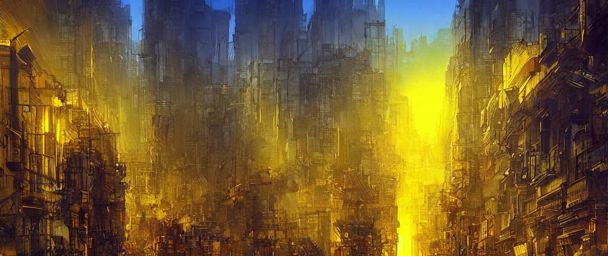 Prompt: san francisco!!, dystopian, sun, yellow and blue ( ( light ) ), very detailed picture, by marc simonetti
