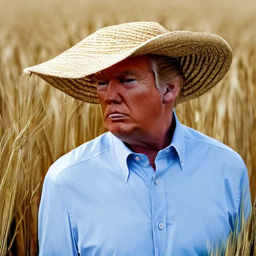 Image similar to a magazine photo of Donald Trump wearing a sundress and straw hat, walking through a field of wheat” three quarter portrait