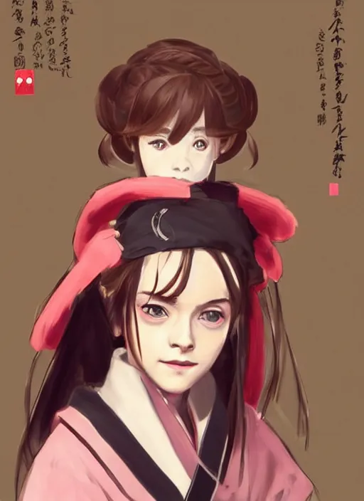 Image similar to emma watson as nezuko Kamado from demon slayer anime ねずこ nezuko from demon slayer anime ねずこ nezuko from demon slayer anime ねずこ wearing kimono wrapped mouth by artgem by greg rutkowski trending on artstation