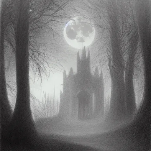 Image similar to a pencil drawing of a old cathedral ruin in a red misty dark fantasy forest. moody. volumetric light. full moon. godrays