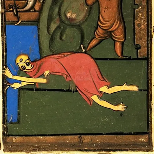 Prompt: a man lying on the ground scared of two ghost wearing sunglasses and caps, medieval art