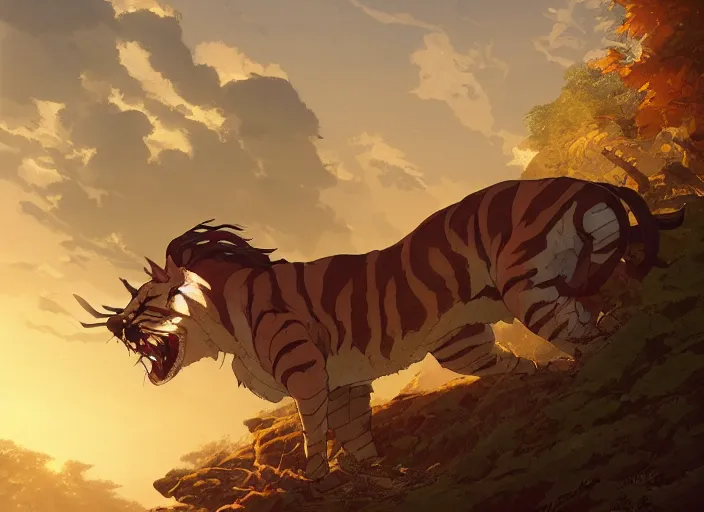 Image similar to a key shot of Liger animation at mid-day, medium shot, waist up, studio Ghibli, Pixar and Disney animation, sharp, key art by Greg Rutkowski, dramatic lighting, flat texture, J.C. LEYENDECKER