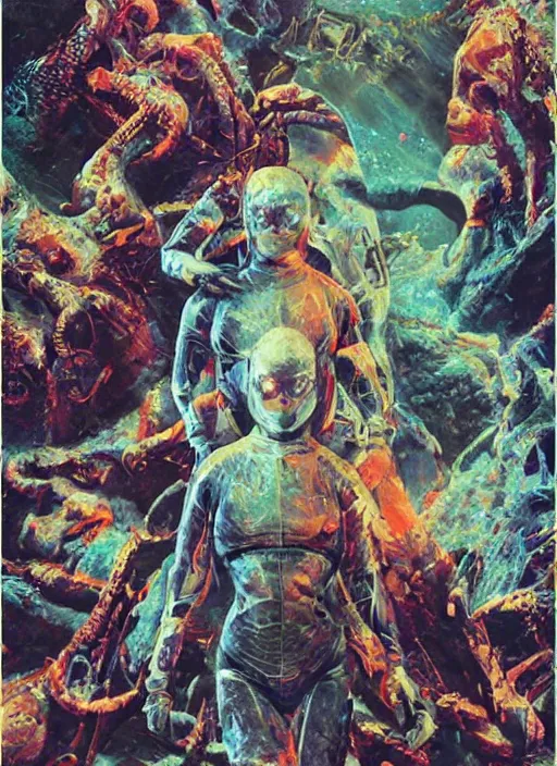 Image similar to astronauts in the dark infinite underwater void - complex and hyperdetailed technical suit, fabric material. reflection and dispersion materials. rays and dispersion of light. volumetric light. wide angle, f / 3 2. noise film photo. flash photography. ultra realistic, wide angle. poster by wayne barlowe, hajime sorayama aaron horkey, craig mullins