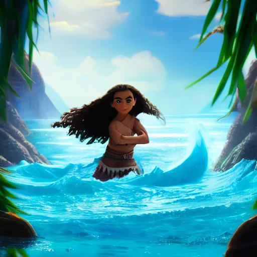 Image similar to A Still of Katara the waterbender in the film Moana (2016), hyperdetailed, 8k, trending on Artstation