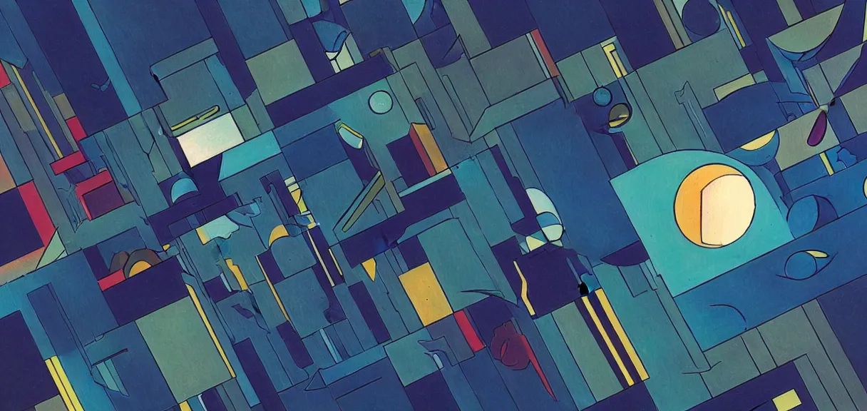 Prompt: post - minimalism, comic, abstract, cubism, bladerunner, top down view, the moon orbiting other moons, iridescent