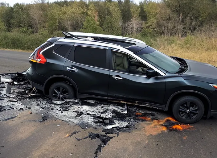 Image similar to a crashed black 2017 nissan rogue on the side of the highway, on fire