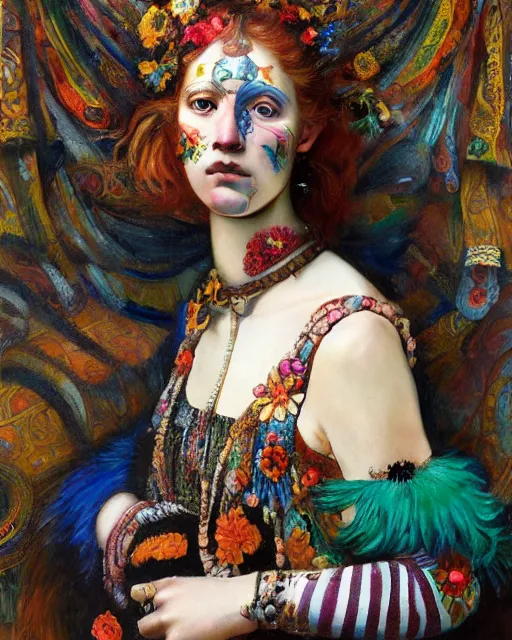 Image similar to a beautiful girl wearing colourful face paint surrounded by bright intricate patterns, by edgar maxence and caravaggio and michael whelan, intricate painting, hyper realistic, extremely detailed and beautiful aesthetic face, 8 k resolution