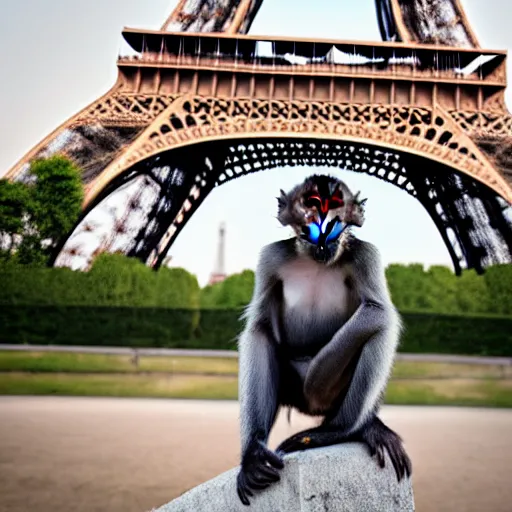 Image similar to high quality portrait of a monkey in front of eiffel tower, studio photograph, photograph, realistic photo, 8k photo, 4k photo, stock photo, high resolution, cinematic shot, high detail