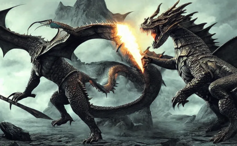 Image similar to joe biden fighting a dragon in skyrim, a photorealistic painting