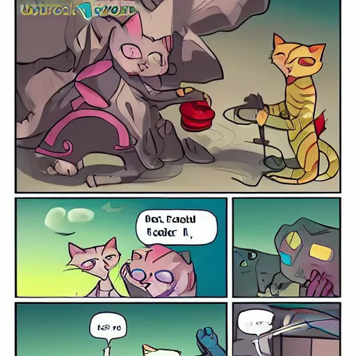 Image similar to magical cat lizard fight with robot cat girl, trending