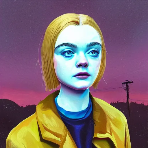 Prompt: professional painting of Elle Fanning in the style of Simon Stalenhag, head and shoulders portrait, symmetrical facial features, smooth, sharp focus, illustration, intricate, stormy weather, extremely detailed masterpiece,