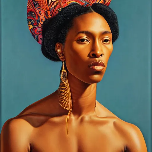 Image similar to A portrait of a thin trendy and gorgeous non-binary person, dark skin tone, Maori people, oil painting by Kehinde Wiley, majestic, detailed, high resolution