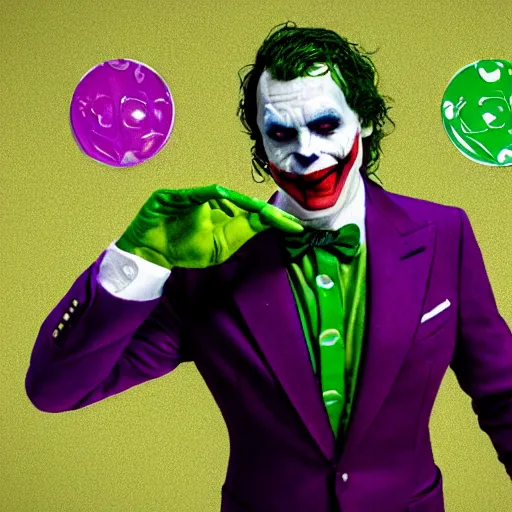 Prompt: portrait of joaquin pheonix as dc comic villain the joker creepy smile, full body pose, purple suit, green bowtie, new york chaotic background, scattered joker poker cards, chaos by norman rockwell, michael hussar, kim jung gi, greg rutkowski, james jean, tomer hanuka. 3 d octane render. ambient occlusion.