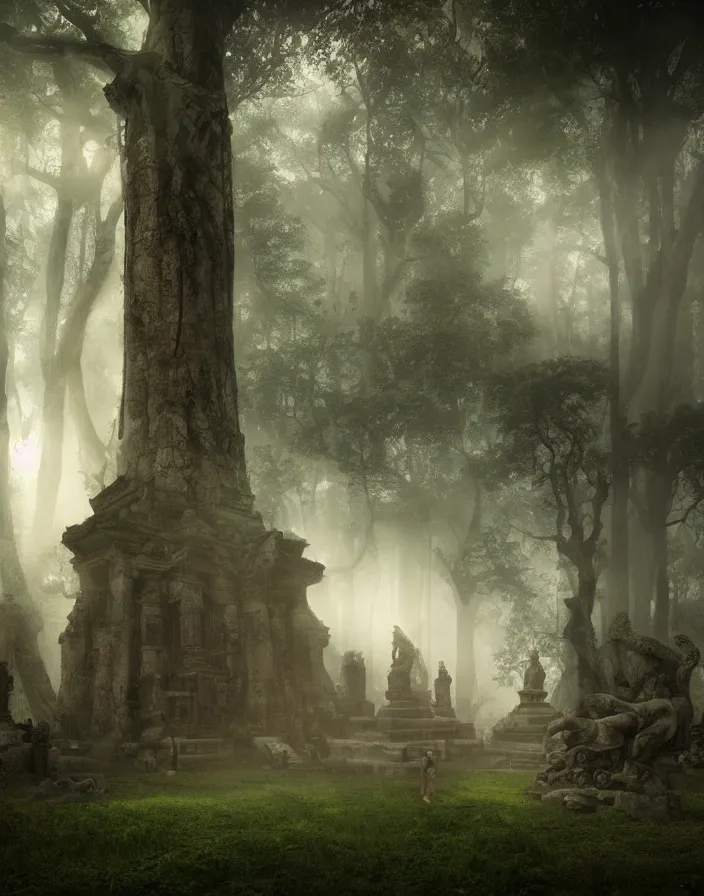 Prompt: an ancient temple with statues lost in a gigantic forest by ivan dedov, painting, cinematography, epic lighting, volumetric, fog,