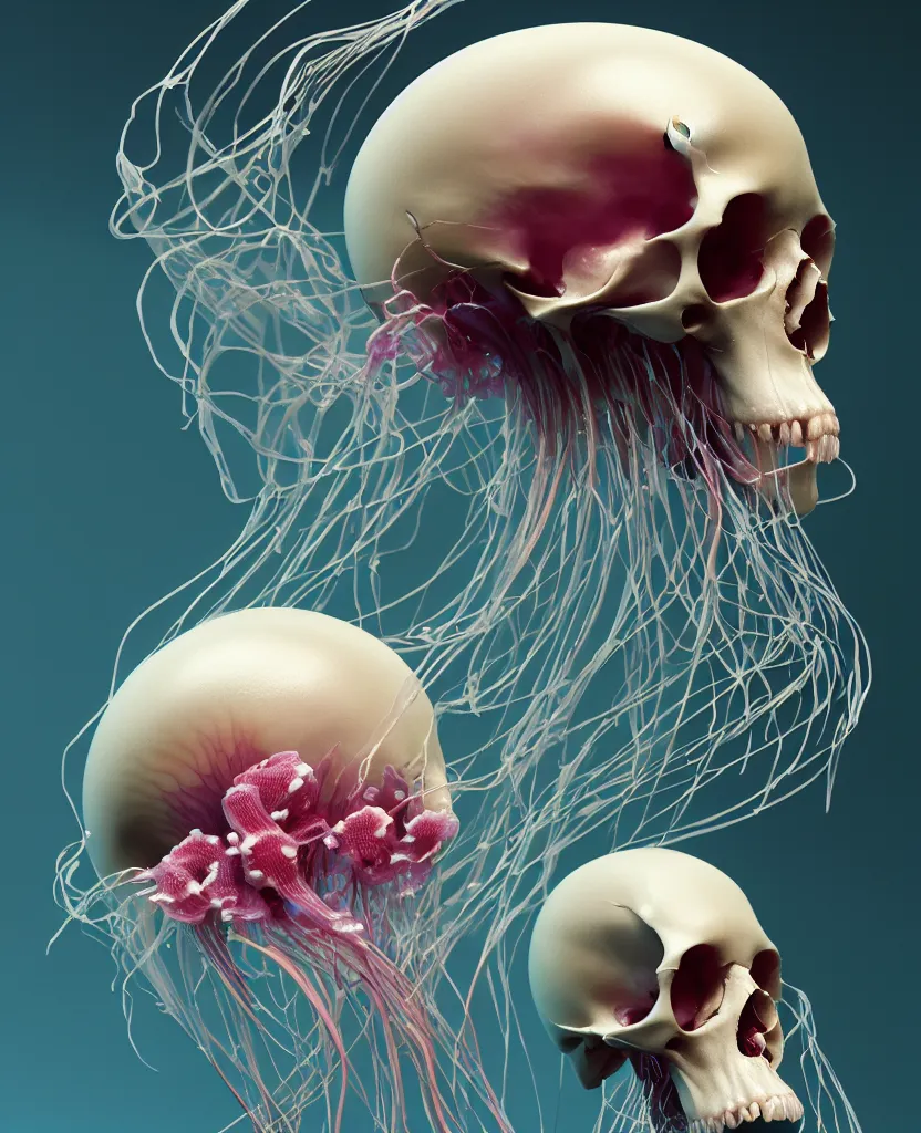 Image similar to composition of human skulls, animals skulls, bones, rib-cage. jellyfish orchids and betta fish, bioluminiscent, intricate artwork by Tooth Wu and wlop and beeple. octane render, trending on artstation, greg rutkowski very coherent symmetrical artwork. cinematic, hyper realism, high detail, octane render, 8k