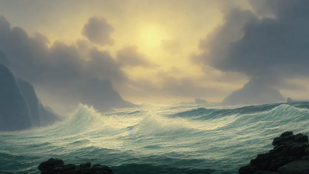 Image similar to first person view of breaking waves on the shore, summer, delicate fog, sea breeze rises in the air, by andreas rocha and john howe, and Martin Johnson Heade, featured on artstation, featured on behance, golden ratio, ultrawide angle, f32, well composed