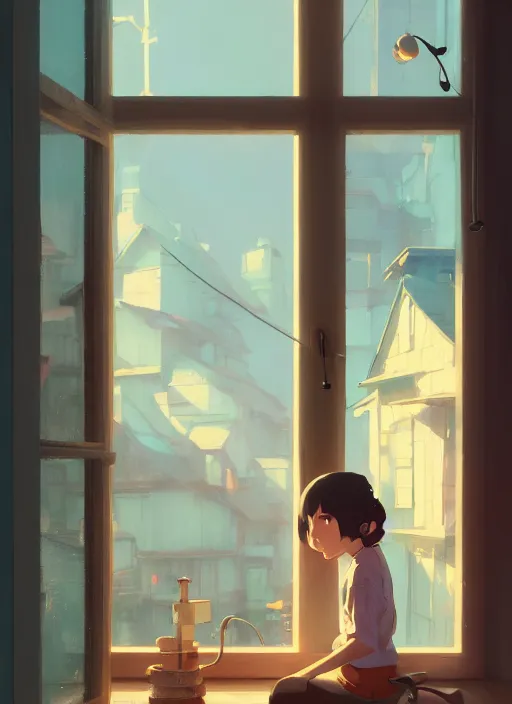 Image similar to seen through a window, woodworker shop, detailed, cory loftis, james gilleard, atey ghailan, makoto shinkai, goro fujita, studio ghibli, rim light, exquisite lighting, clear focus, very coherent, plain background, soft painting