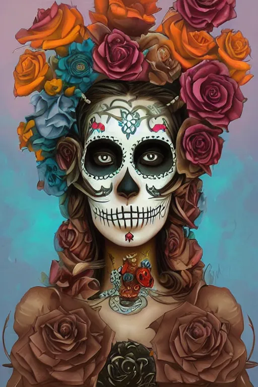 Image similar to illustration of a sugar skull day of the dead girl, art by peter mohrbacher