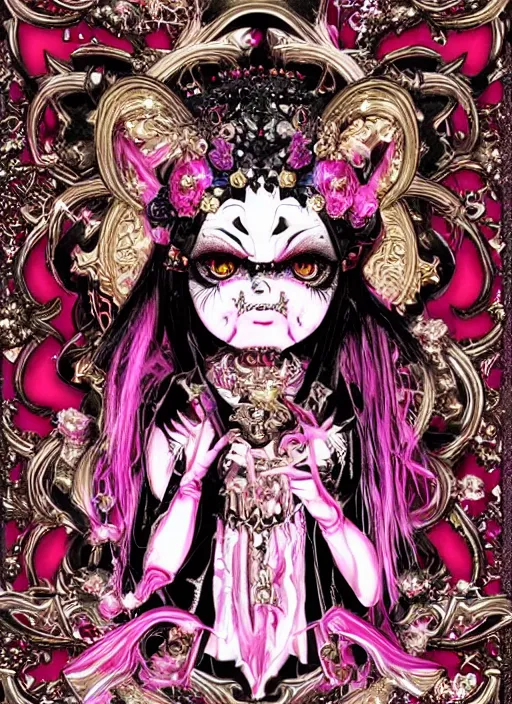 Image similar to baroque bedazzled gothic royalty frames surrounding a pixelsort emo demonic horrorcore japanese yokai doll, low quality sharpened graphics, remastered chromatic aberration spiked korean bloodmoon sigil stars draincore, gothic demon hellfire hexed witchcore aesthetic, dark vhs gothic hearts, neon glyphs spiked with red maroon glitter breakcore art by guro manga artist Shintaro Kago